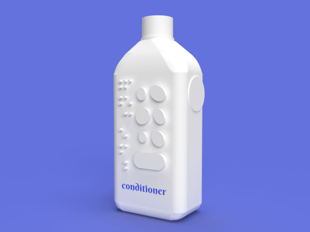 Flower Form white tactile conditioner bottle rendering with braille, graphic design embossing and an NFC tag