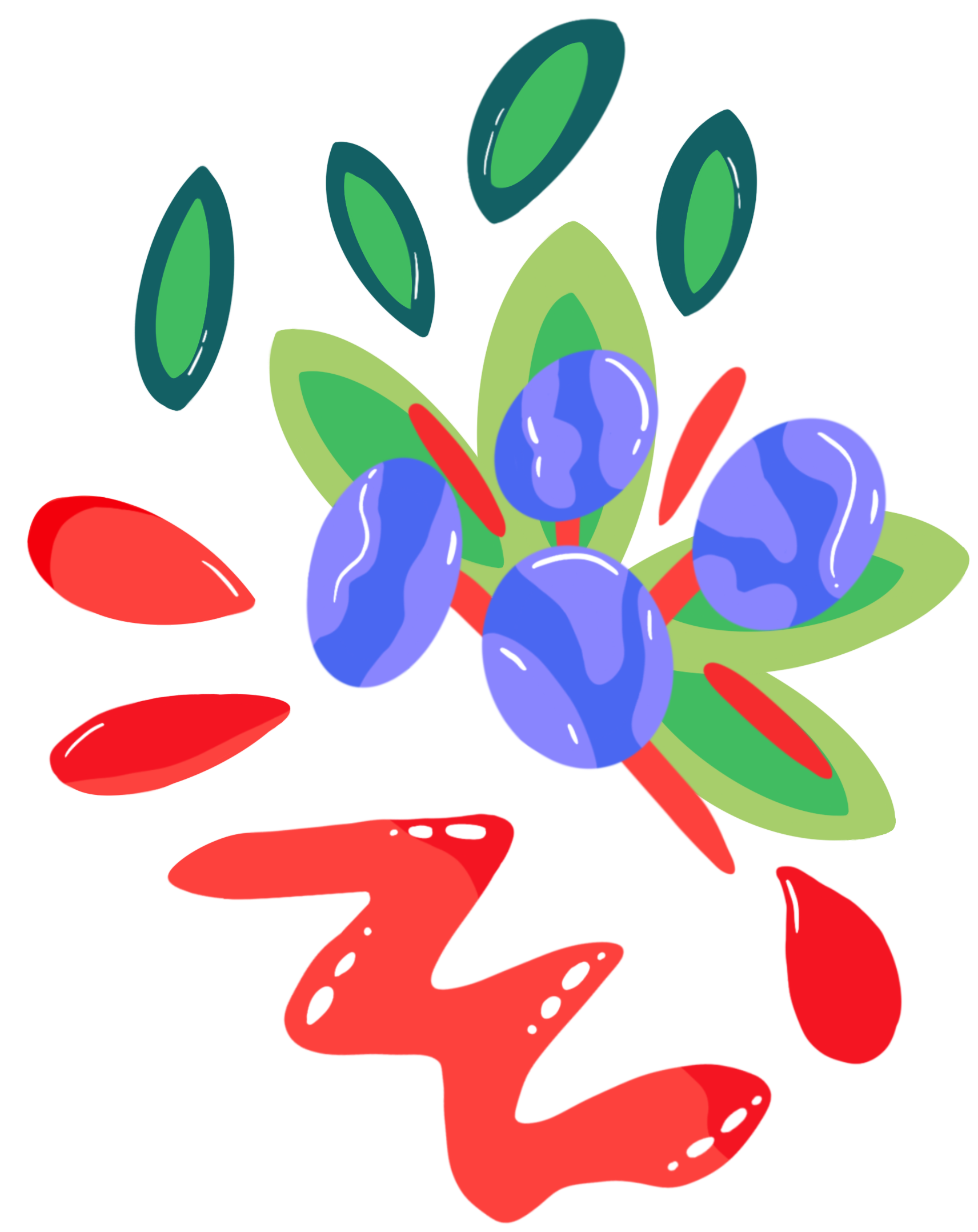 Blue and red berry plant design with green leaves and a white outline