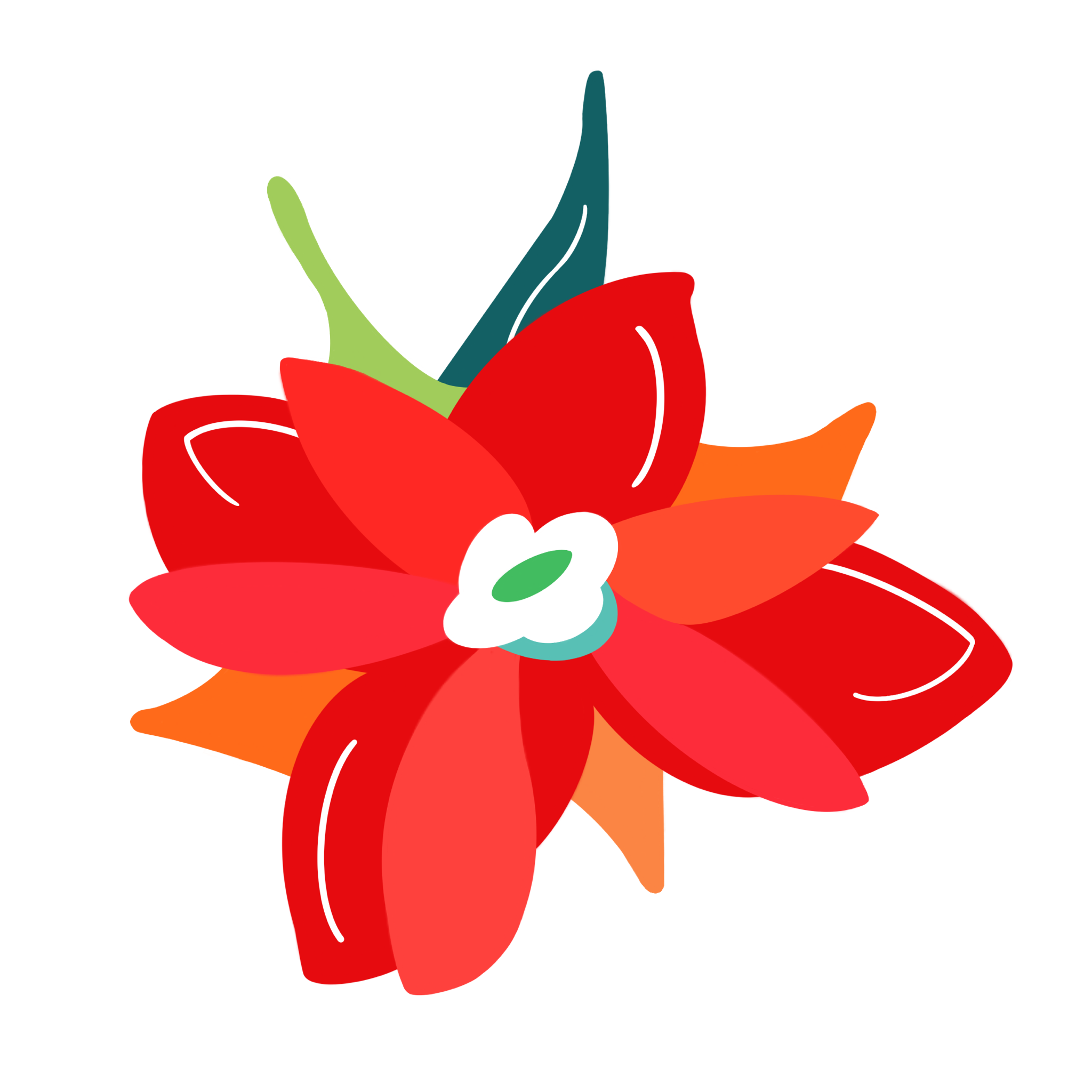 Red, orange and yellow flower design with four main petals