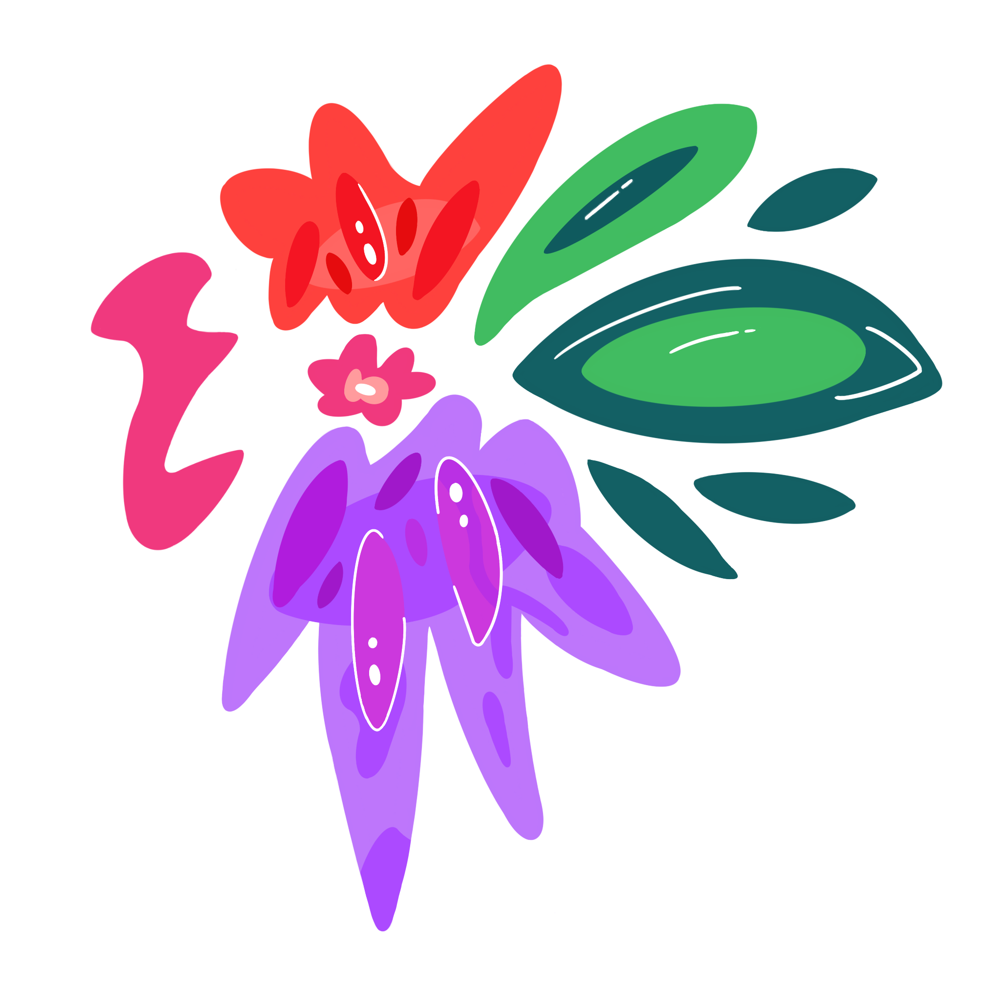 Purple, red and pink flower design with dark and light green leaves