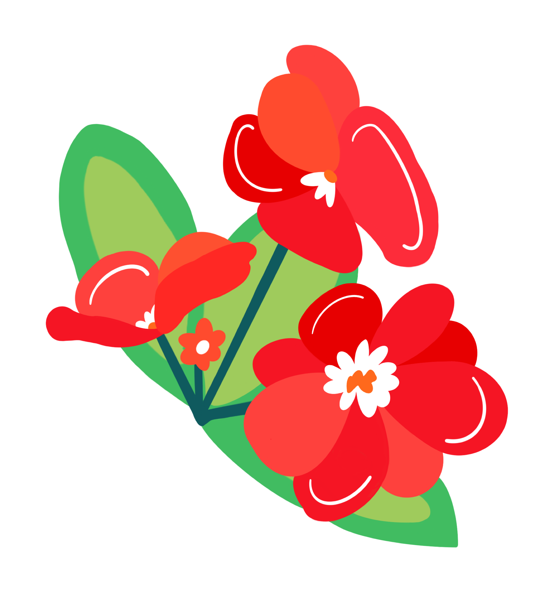 Three red flower designs with joined stems and leaves