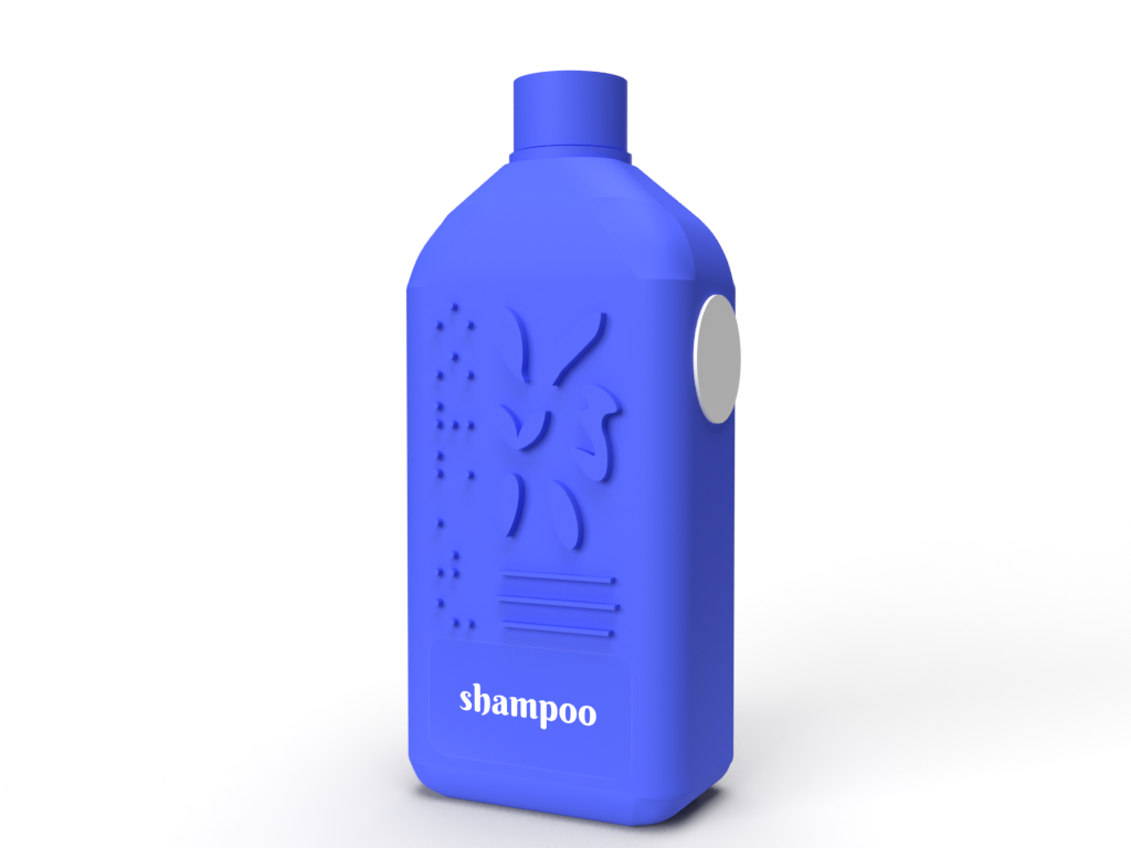 Flower Form dark blue tactile shampoo bottle rendering with braille, graphic design embossing and an NFC tag